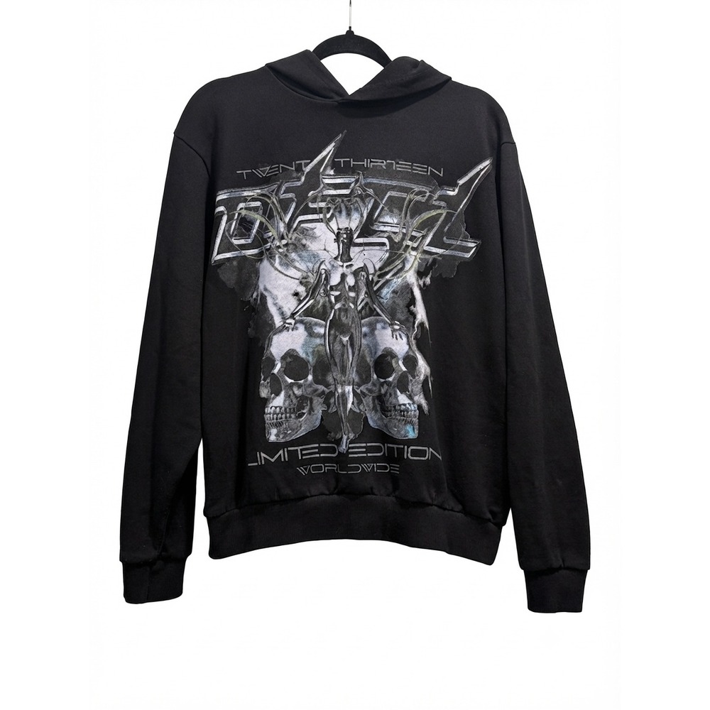 BoohooMAN Mens Limited Edition Worldwide Skull Graphic Hoodie Black Large L
